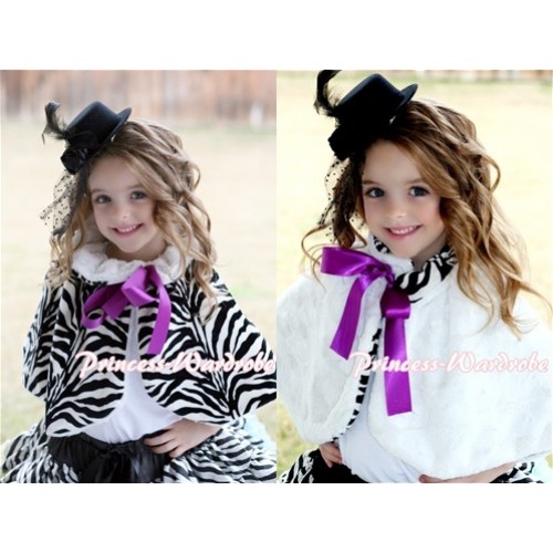 Black White Zebra Reversible Shawl Coat with Dark Purple Ribbon SH06 